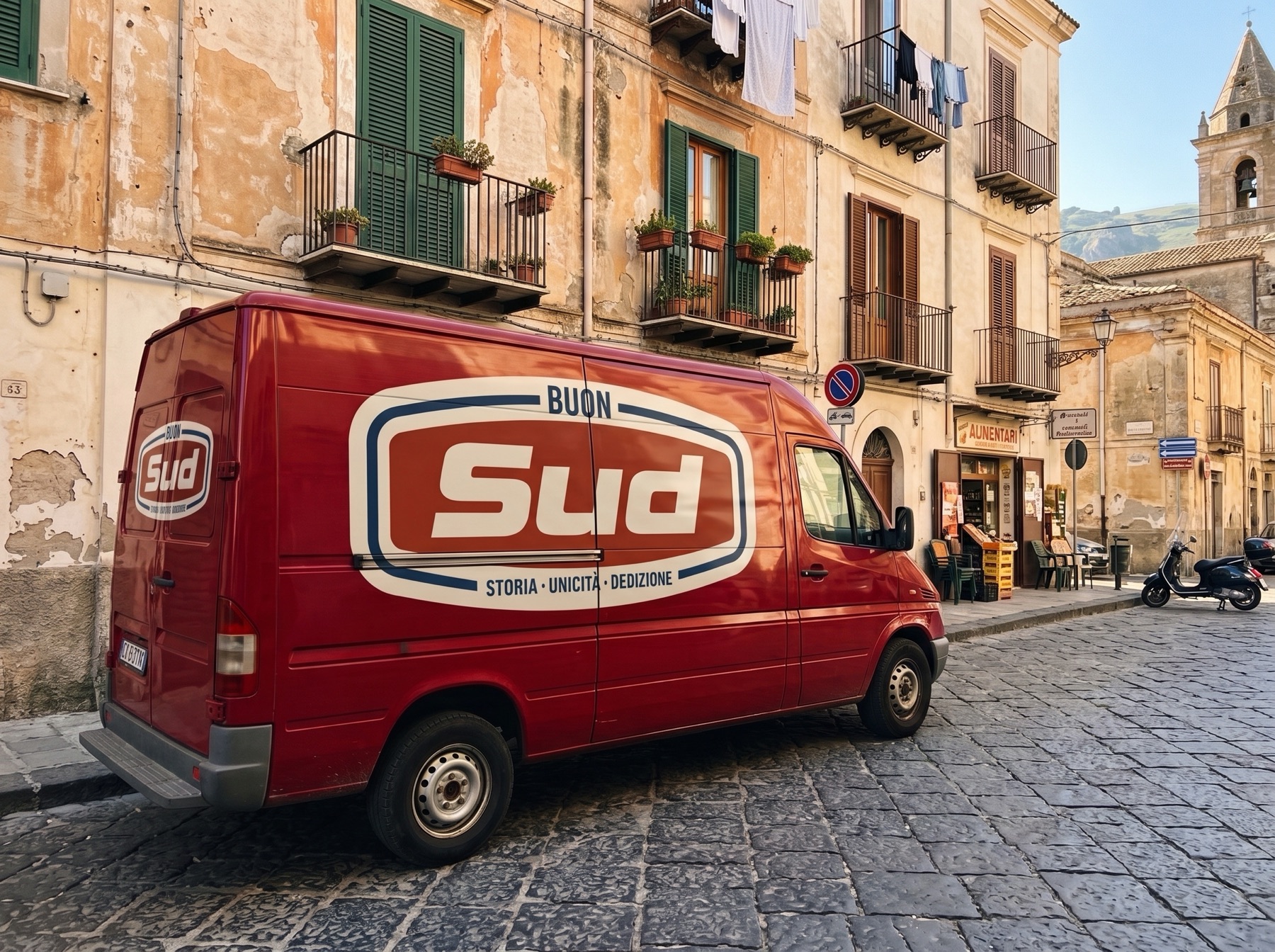Furgone rosso Buon Sud in un centro storico
