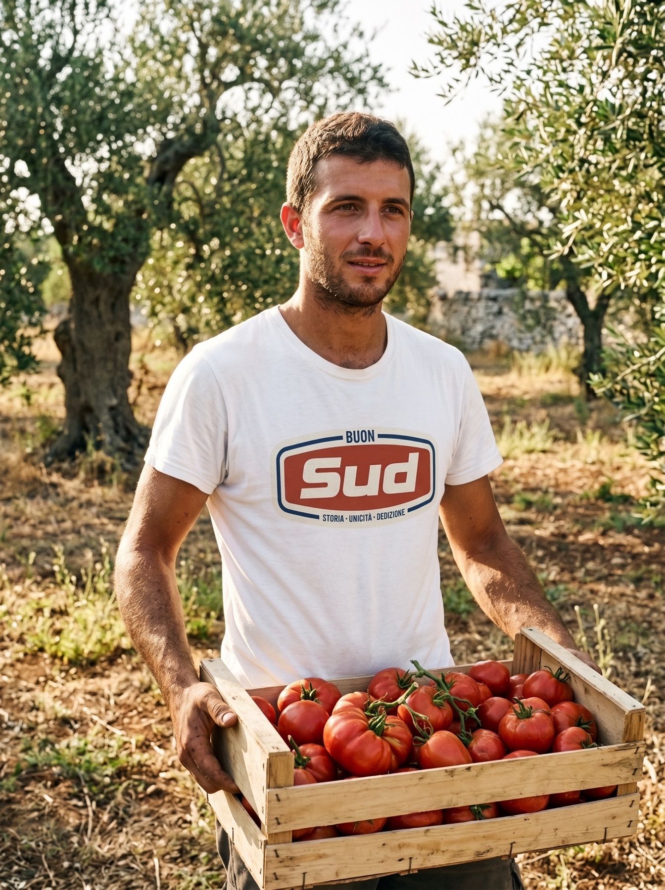 Produttore con la maglietta Buon Sud e una cassetta di pomodori