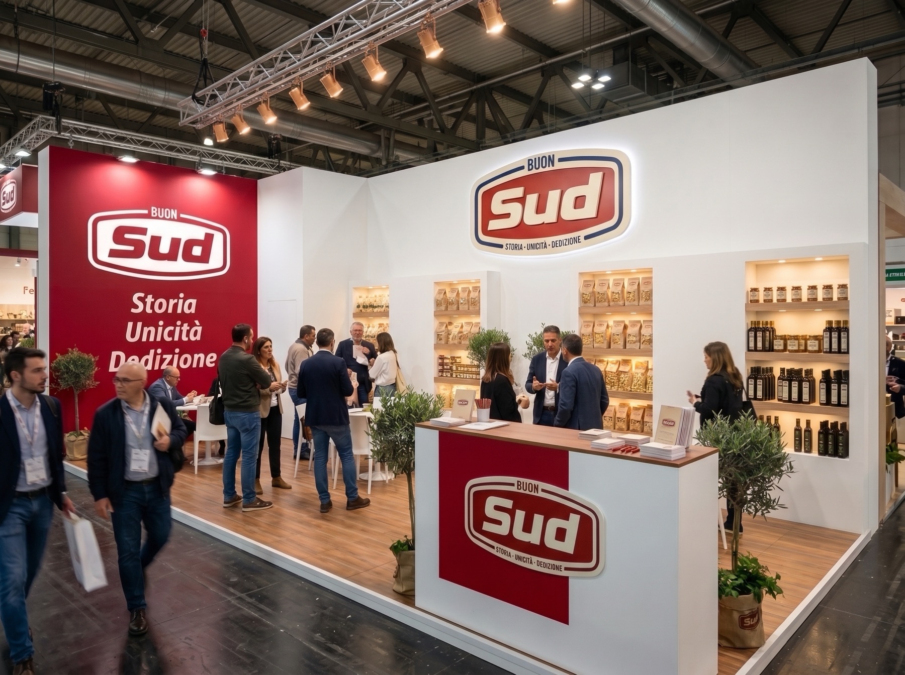 Stand fieristico Buon Sud con parete rossa, insegna luminosa e banco
